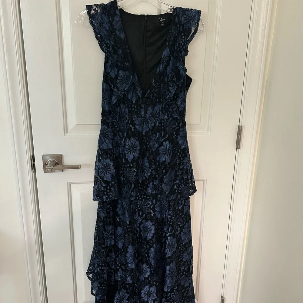 Lulus Molinetto Navy Blue Lace Ruffled Tiered Sleeveless Maxi Dress - Picture 3 of 6